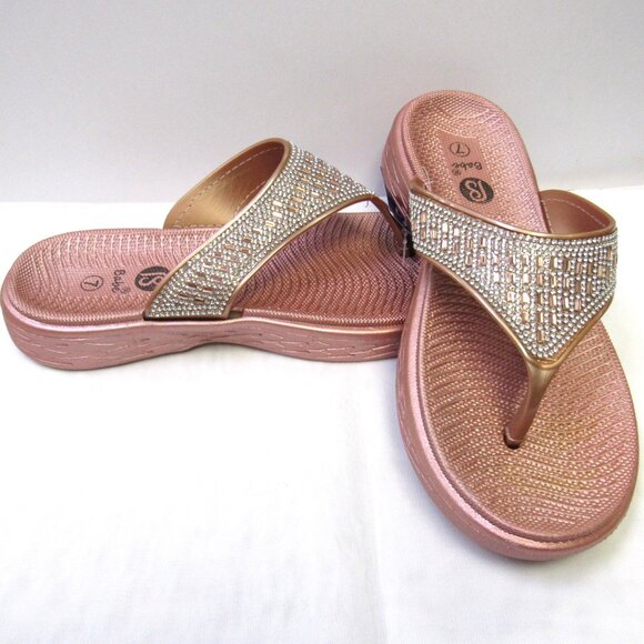 Rose Gold Sparkle Rhinestone Dressy Sandals Flip Flops Wedge Slides Various Size - Picture 5 of 6